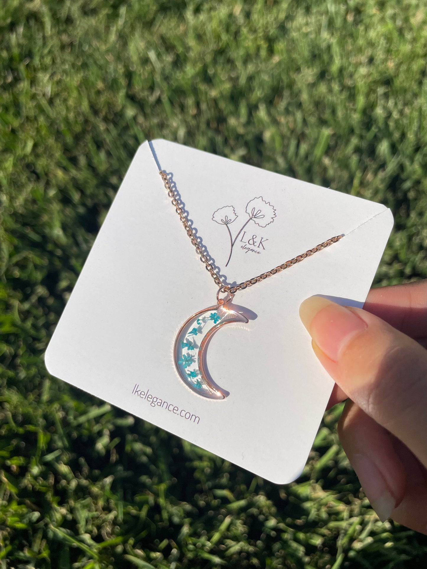 Rose Gold Moon Necklace with Pressed Blue Queen Anne's Lace Flowers | Handmade Resin Pendant