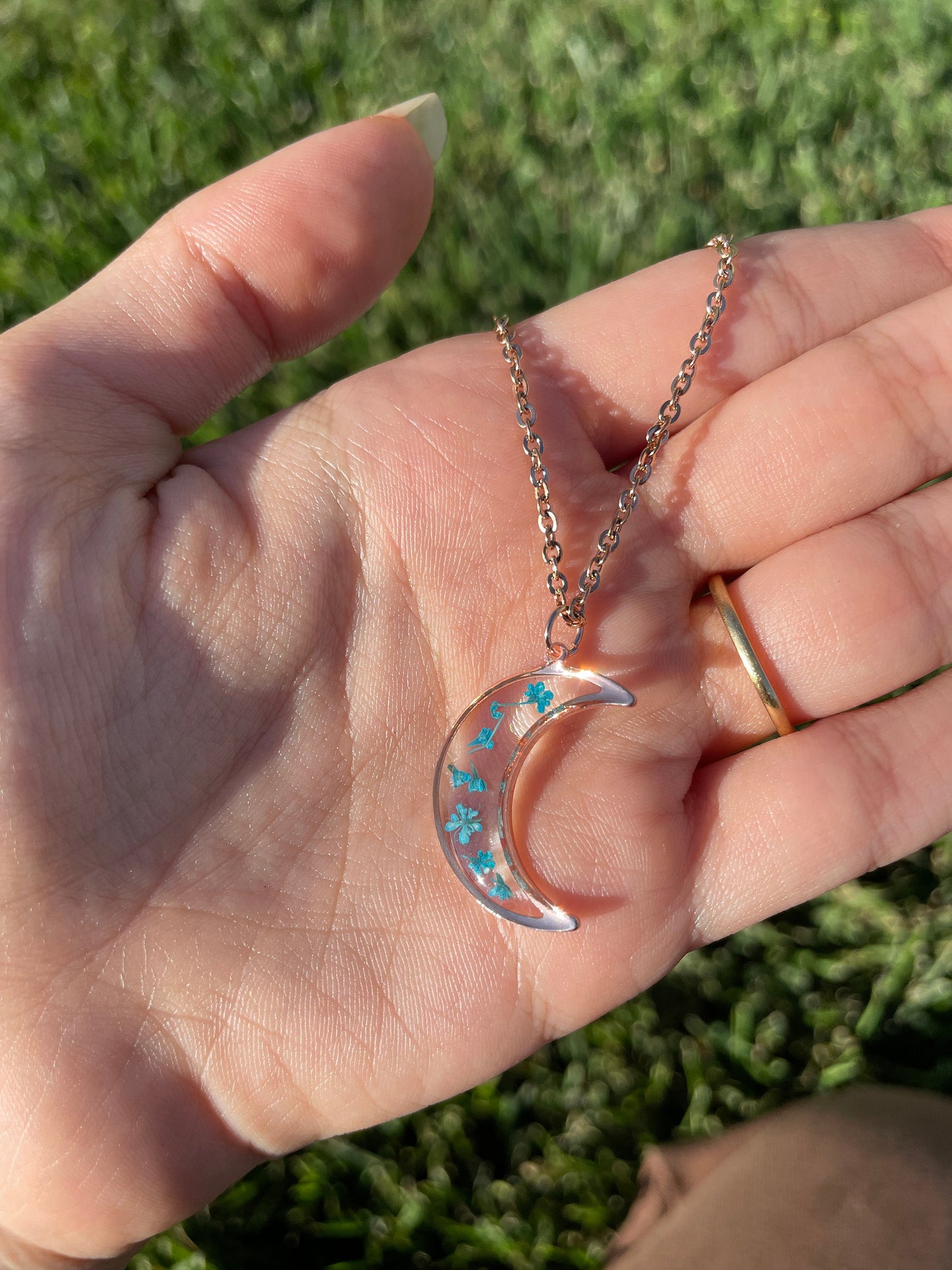 Rose Gold Moon Necklace with Pressed Blue Queen Anne's Lace Flowers | Handmade Resin Pendant