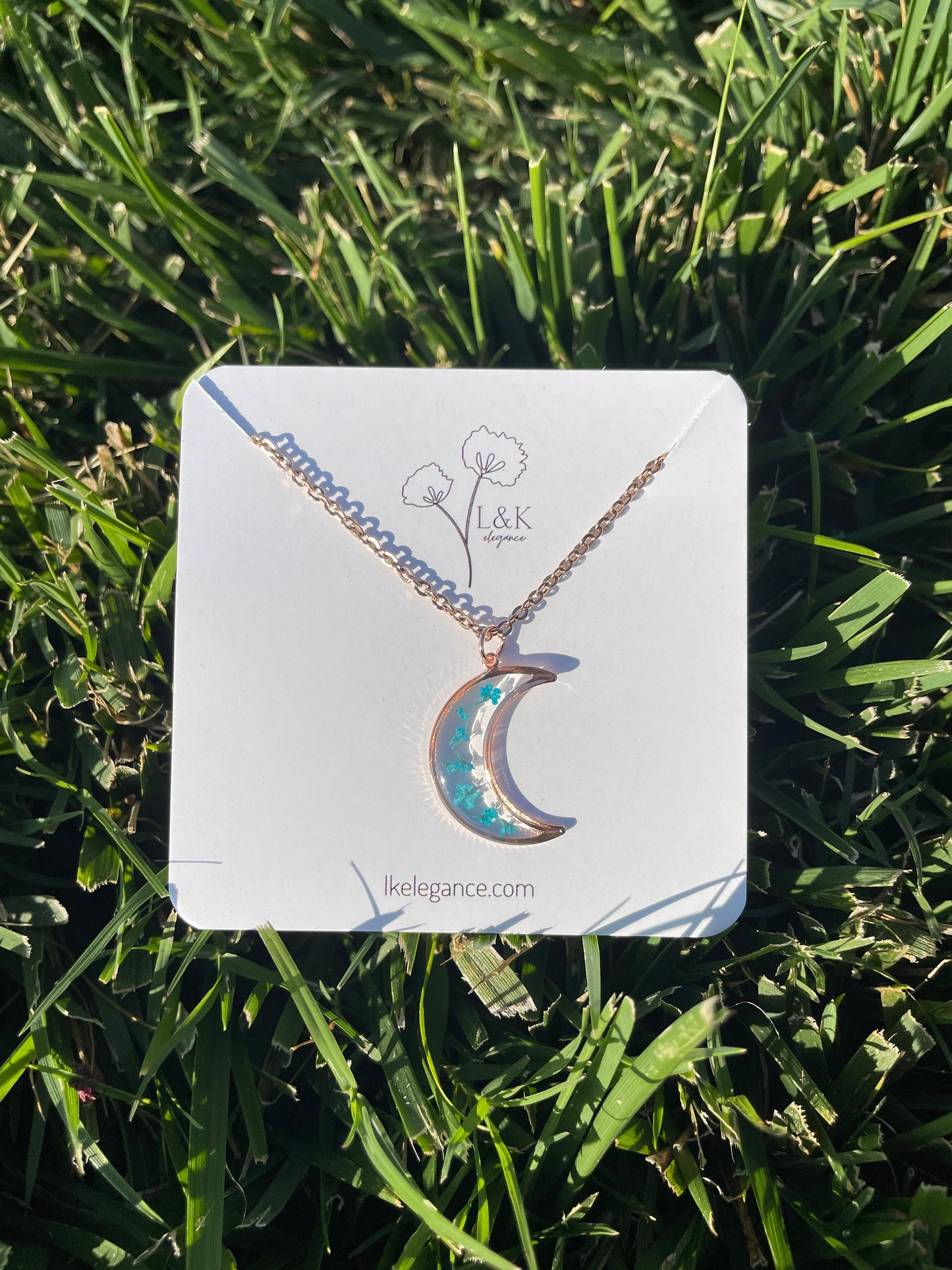 Rose Gold Moon Necklace with Pressed Blue Queen Anne's Lace Flowers | Handmade Resin Pendant