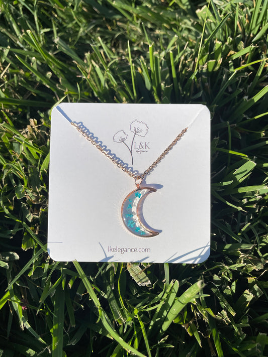 Rose Gold Moon Necklace with Pressed Blue Queen Anne's Lace Flowers | Handmade Resin Pendant
