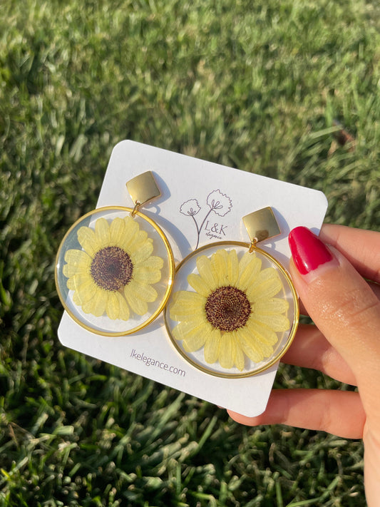 Handmade Gold Frame Earrings with Real Pressed Sunflowers | Floral Resin Jewelry | Unique Sunflower Earrings