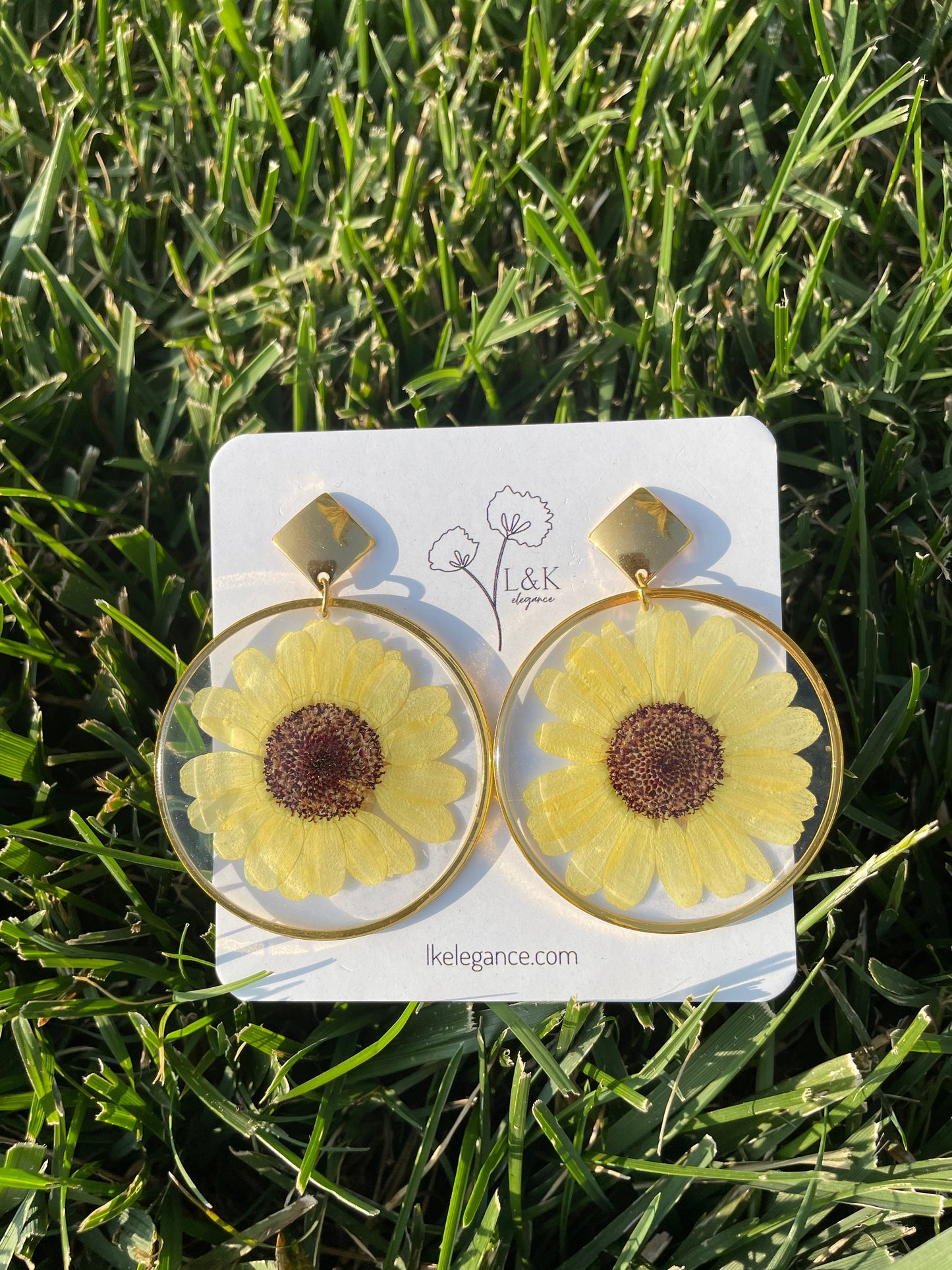 Handmade Gold Frame Earrings with Real Pressed Sunflowers | Floral Resin Jewelry | Unique Sunflower Earrings