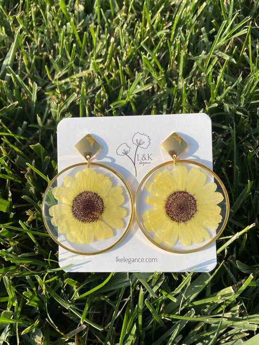 Handmade Gold Frame Earrings with Real Pressed Sunflowers | Floral Resin Jewelry | Unique Sunflower Earrings