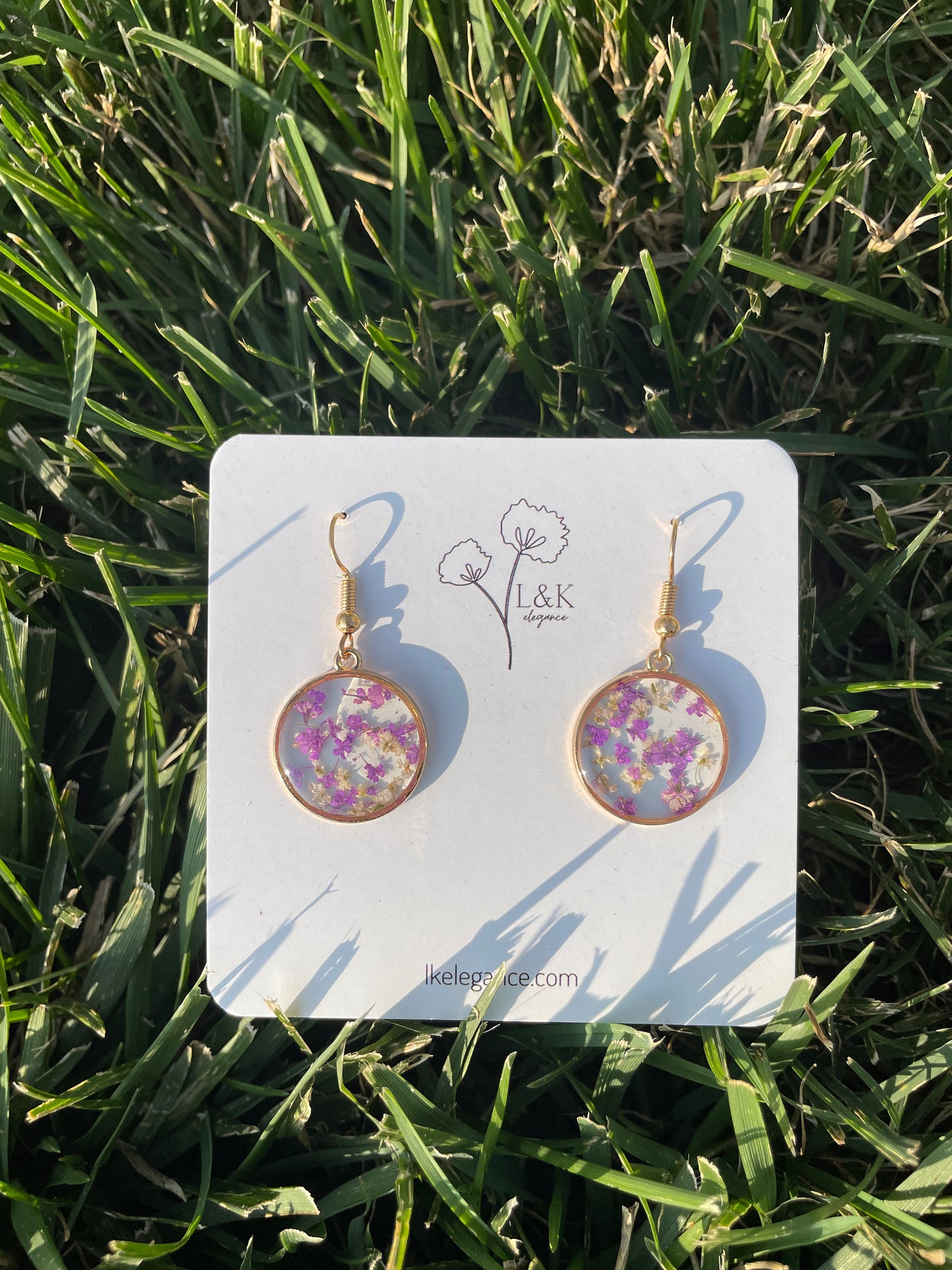 Handmade Gold Round Earrings | Queen Anne's Lace Floral Resin Jewelry