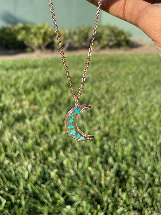 Rose Gold Moon Necklace with Pressed Blue Queen Anne's Lace Flowers | Handmade Resin Pendant