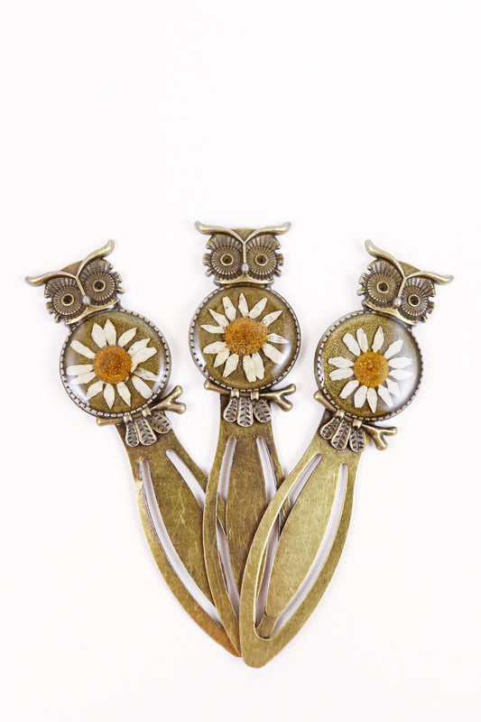 Vintage Bronze Owl Chamomile Flower Bookmark Clip