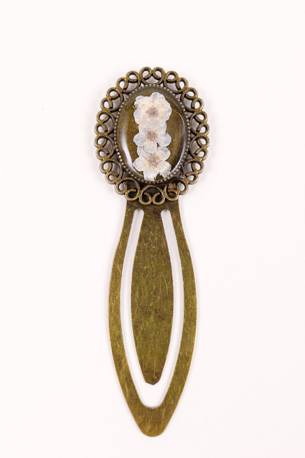 Vintage Bronze Bookmark Clip With White Flowers