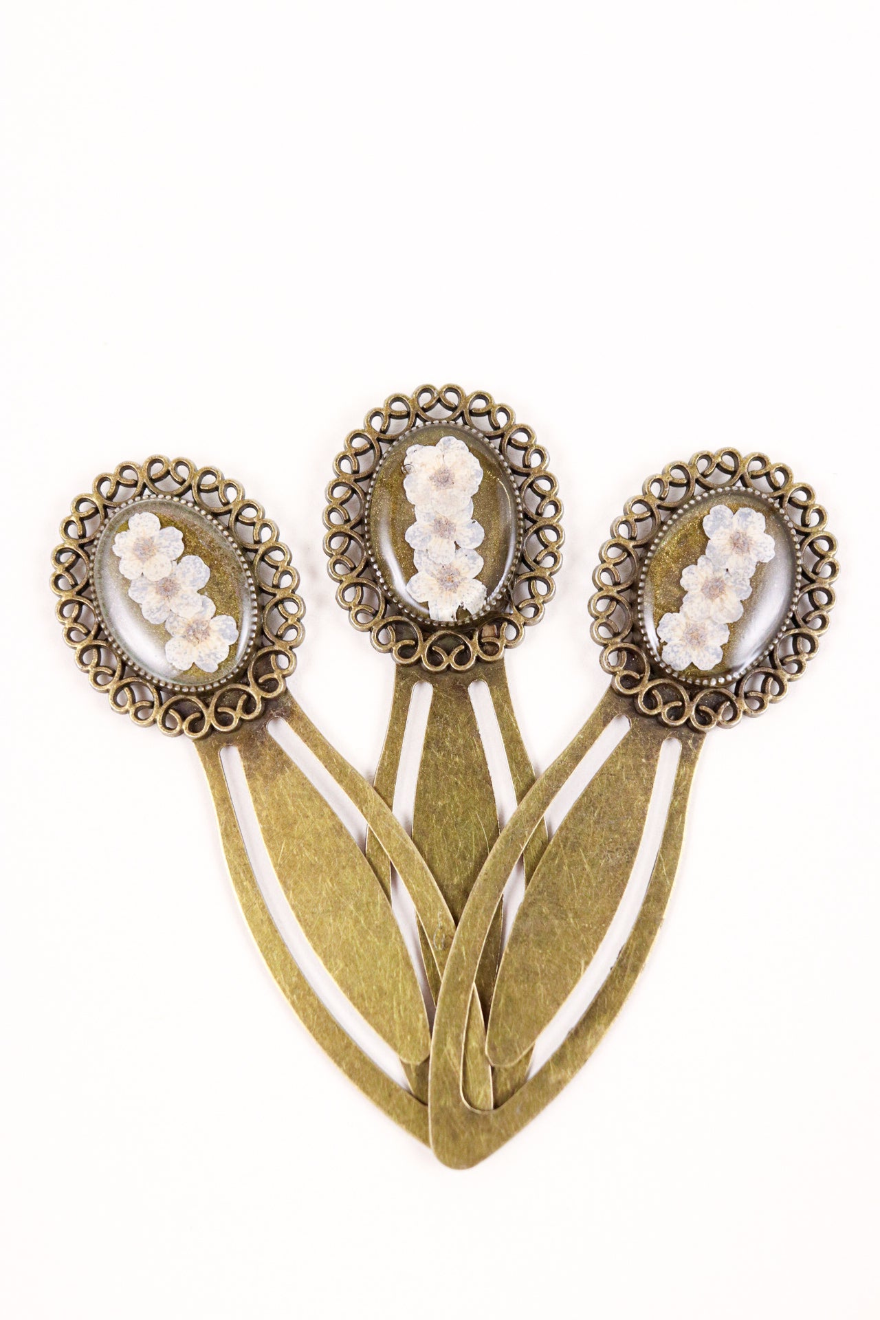 Vintage Bronze Bookmark Clip With White Flowers