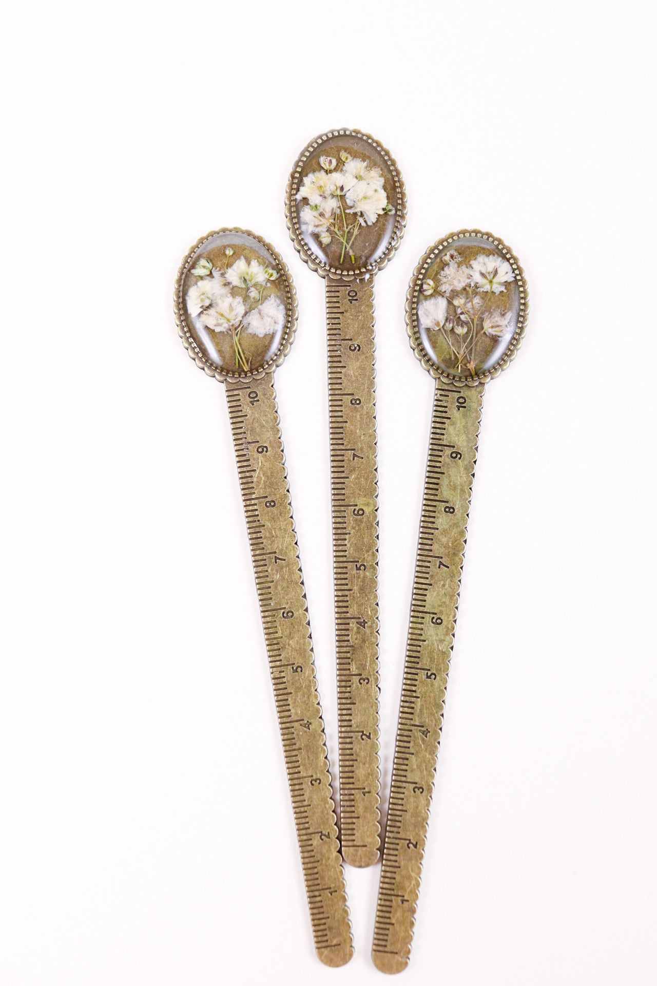Vintage Bronze Resin Ruler Bookmark With Baby's Breath Flowers
