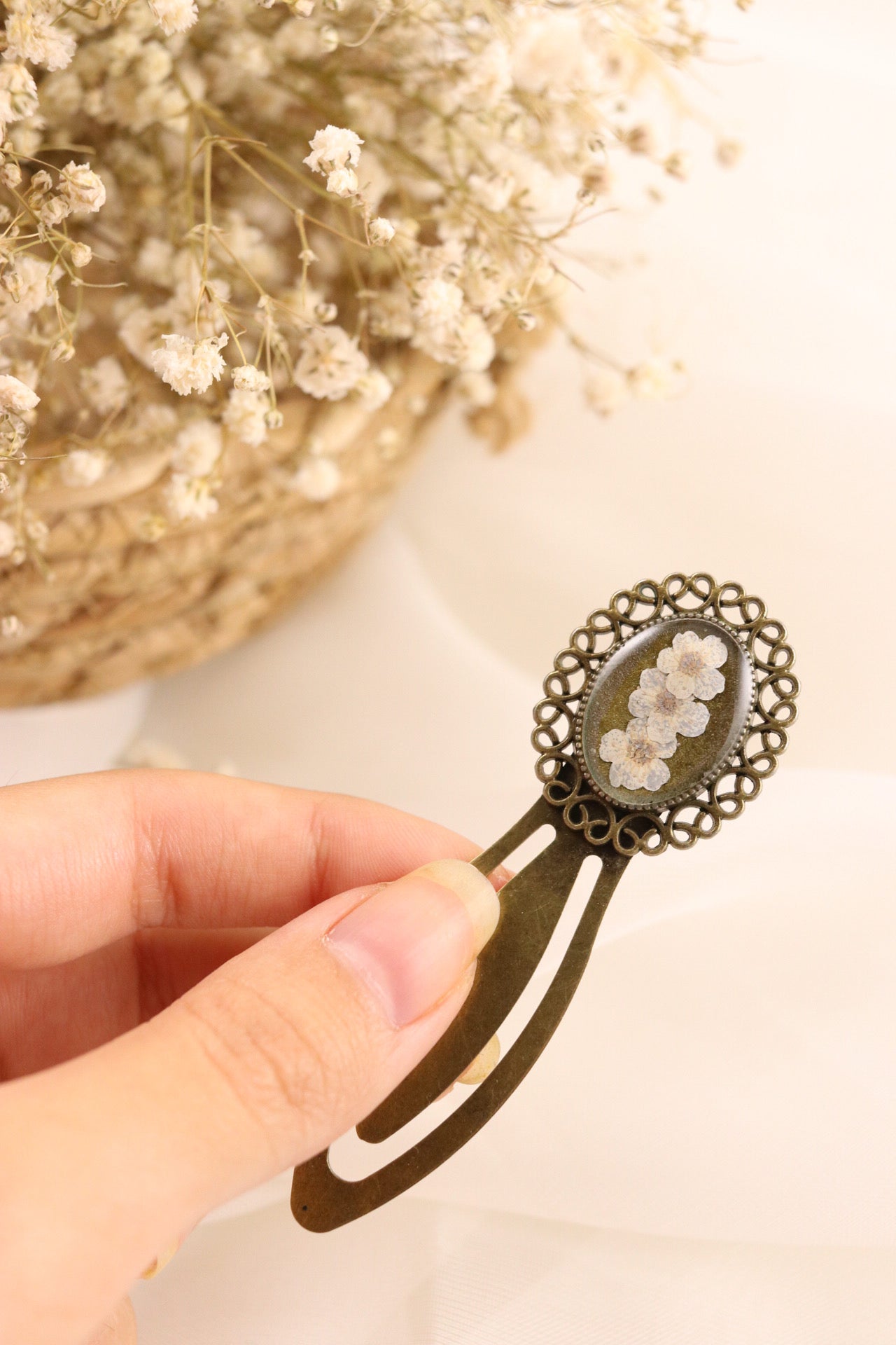 Vintage Bronze Bookmark Clip With White Flowers