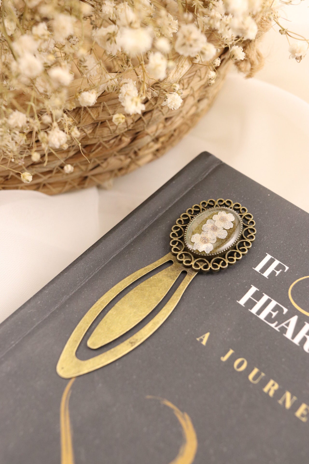 Vintage Bronze Bookmark Clip With White Flowers